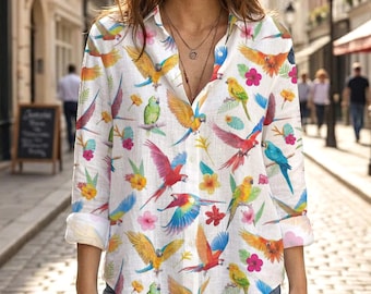 Tropical Parrot Print Blouse, Colorful Macaw Bird Button Down Shirt, Women Summer Hawaiian Tops, Exotic Botanical Floral Long Sleeve Shirt