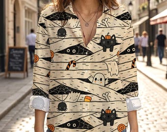 Cute Halloween Shirt, Mummy Cat Button Down Blouse, Spooky Season Long Sleeve Top, Halloween Party Shirt, Womens Ghost and Spider Apparel