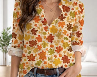 Fall Leaves Button Down Shirt Women, Autumn Maple Leaf Blouse, Thanksgiving Long Sleeve Top, Cozy Fall Fashion Clothing