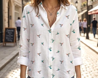Hummingbird Print Blouse, Linen Long Sleeve Shirt, Vintage Bird Pattern Button Down Top, Casual Summer Clothes for Women, Cute Nature Shirt