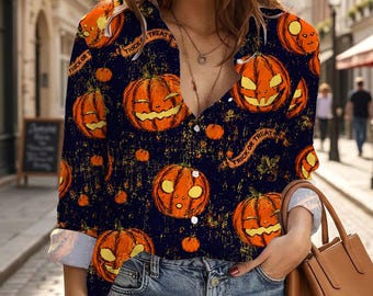 Spooky Pumpkin Halloween Shirt, Vintage Jack O Lantern Women Long Sleeve Button Up Blouse, Trick or Treat Fall Casual Top,Spooky Season Gift