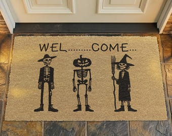 Funny Halloween Coir Doormat, Spooky Skeleton Pumpkin Witch Welcome Outdoor Mat, Creepy Fall Porch Decor, Spooky Season Door Mat Gift