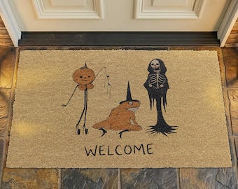 Spooky Halloween Coir Doormat, Vintage Weird Pumpkin Skeleton Witch Frog Welcome Mat,Dark Academia Outdoor Rug,Gothic Fall Front Porch Decor