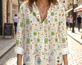 Mahjong Tile Pattern Shirt, Vintage Game Patterned Blouse, Casual Button Up Long Sleeve Top, Unique Aesthetic Women Clothing