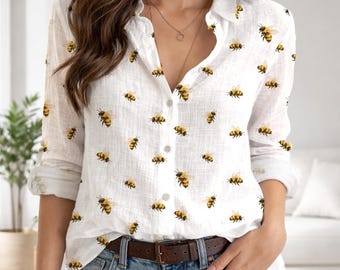 Cute Bee Women Casual Shirt, Funny Button Shirt, Spring Summer Blouse, Bee Pattern Shirt, Funny Bee Shirt