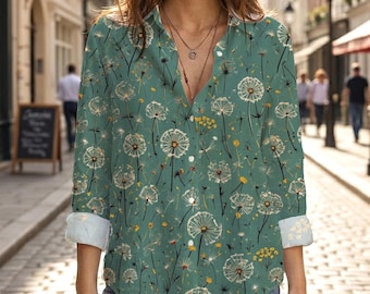 Dandelion Flower Blouse, Wildflower Button Up Shirt, Green Botanical Top, Long Sleeve Floral Shirt, Cottagecore Clothing, Gift for Her