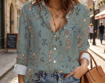 Dancing Skeleton Blouse, Skeleton Reading Book Shirt, Spooky Floral Button Down Shirt, Vintage Goth Skeleton Pattern Top, Dark Academia
