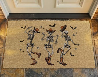 Dancing Skeleton Cowboy Coir Doormat, Western Halloween Door Mat,Spooky Country Skeleton Welcome Mat,Outdoor Western Decor Housewarming Gift