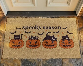 Spooky Season Coir Doormat, Halloween Black Cat Pumpkin Welcome Mat, Spooky Bats Outdoor Rug, Fall Autumn Entrance Mat, Halloween Decor