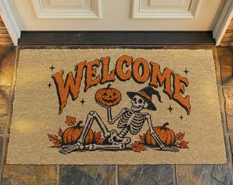 Welcome Skeleton Halloween Coir Doormat, Spooky Witch Hat Skeleton holding Pumpkin Front Door Mat, Cute Spooky Fall Outdoor Decor Mat