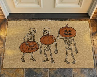 Dancing Skeleton Pumpkin Coir Doormat, Funny Halloween Welcome Mat, Spooky Happy Pumpkin Door Mat, Fall Outdoor Rug, Jack O Lantern Mat