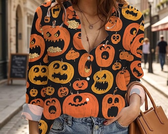 Halloween Pumpkin Casual Shirt Women, Spooky Jack O Lantern Button Up Shirt, Halloween V Neck Long Sleeve Blouse, Fall Autumn Outfit