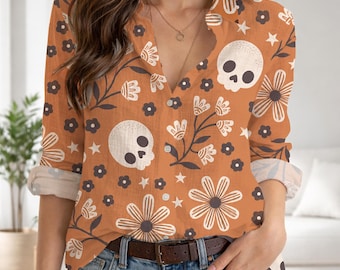 Vintage Floral Skull Shirt, Spooky Floral Blouse, Boho Skull Pattern Button Up, Autumn Orange , Gothic Flower Blouse, Retro Floral Skull