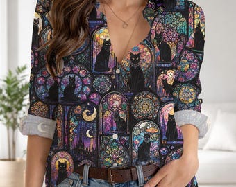 Stained Glass Black Cat Shirt, Gothic Cat Lover Blouse, Vintage Cathedral Art V-Neck Top, Witchy Aesthetic Women Long Sleeve Button Down