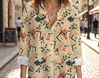 Mahjong Pattern Blouse Long Sleeve Button Up Shirt, Vintage Asian Mah Jong Tile Print Blouse, Game Night Retro Top, Oriental Graphic Shirt