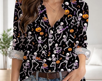 Dancing Skeleton Shirt, Halloween Women Long Sleeve Blouse, Spooky Musical Skeleton Button Down, Jack O Lantern Pumpkin Top, Fall Party