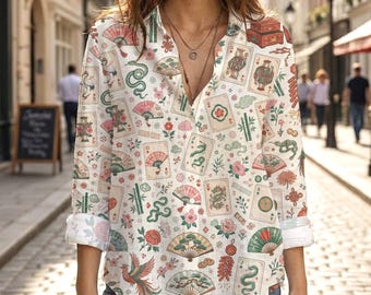 Oriental Pattern Blouse, Vintage Playing Cards Fan Shirt, Asian Aesthetic Long Sleeve Top, Chinoiserie V Neck Blouse, Retro Women Shirt