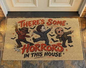 There's Some Horrors In This House Coir Doormat, Funny Halloween Door Mat, Spooky Movie Dancing Character Welcome Mat, Fall Outdoor Decor