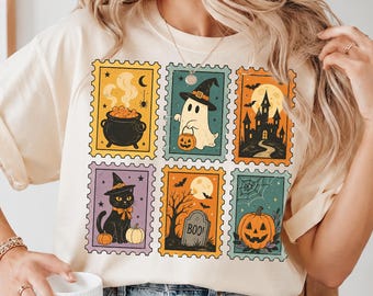 Vintage Halloween Stamps Shirt, Cute Halloween Ghost Shirt, Retro Spooky Season Sweatshirt, Halloween Cat Witch Hoodie, Fall Pumpkin Comfort