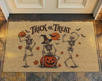 Dancing Skeleton Trick Or Treat Coir Doormat Halloween Pumpkin Witch Hat Welcome Mat Spooky Fall Autumn Front Porch Decor Outdoor Rug