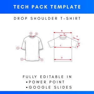 Könnte beinhalten: Weißes T-Shirt-Template mit überschnittenen Schultern und Maßangaben. Der Text "TECH PACK TEMPLATE" und "DROP SHOULDER T-SHIRT" stehen oben. Der Text "FULLY EDITABLE IN • POWER POINT • GOOGLE SLIDES" steht unten.