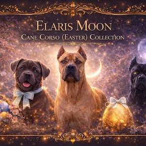 May include: An artistic image featuring three Cane Corso dogs from the "Elaris Moon Cane Corso (Easter) Collection." The dogs are brown and black, with a golden egg and a basket of Easter eggs. The image has a decorative gold frame.