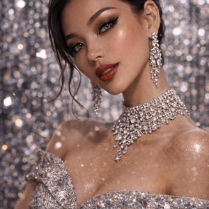 Puede incluir: Una mujer con un vestido plateado brillante y un conjunto de joyas, que incluye un collar y pendientes. El vestido tiene un escote de hombros descubiertos. El fondo es un efecto borroso y brillante.