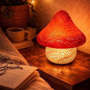 May include: A mushroom-shaped lamp with a red cap and a white, perforated base. The lamp is on a wooden bedside table, beside a book and glasses. The warm light creates a cosy atmosphere.