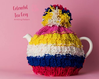 knitting pattern for colourful chunky tea cosy with pompom