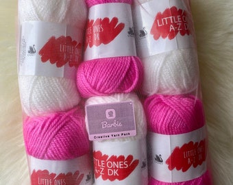 150g pack of pink and white Barbie colour yarn - 6 x mini balls in pink gift bag