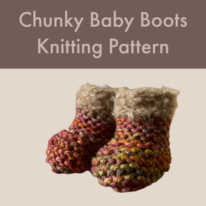 May include: A pair of chunky baby boots knitted in a colorful yarn with a brown yarn cuff. The boots are a mix of pink, orange, green, and yellow.
