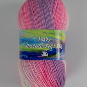 self striping yarn for baby knitting Cygnet Yarns Colour Soft DK baby wool rainbow of colours Sugar Fairy