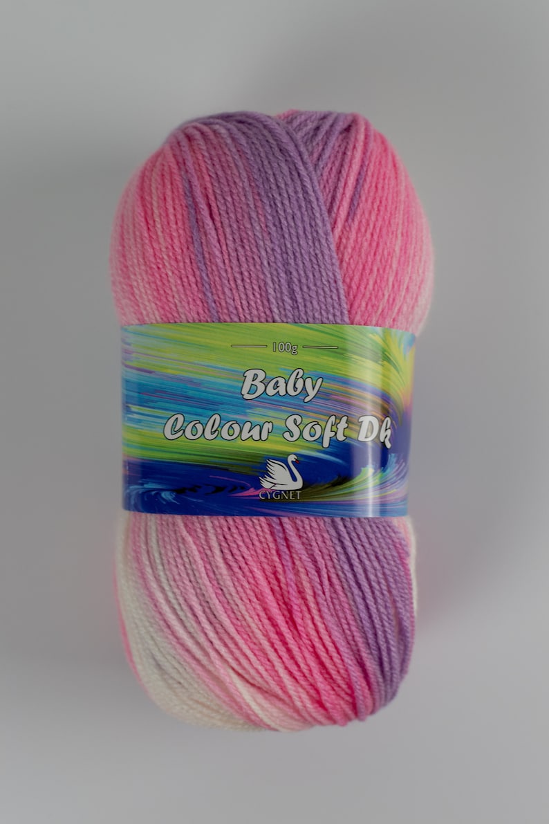 self striping yarn for baby knitting Cygnet Yarns Colour Soft DK baby wool rainbow of colours Sugar Fairy