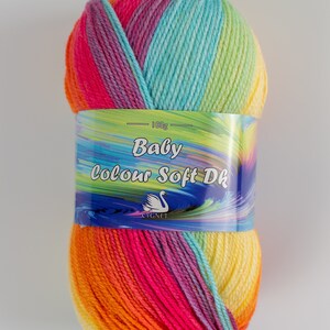 self striping yarn for baby knitting Cygnet Yarns Colour Soft DK baby wool rainbow of colours Honey Wiggles