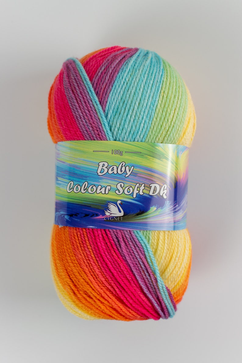 self striping yarn for baby knitting Cygnet Yarns Colour Soft DK baby wool rainbow of colours Honey Wiggles