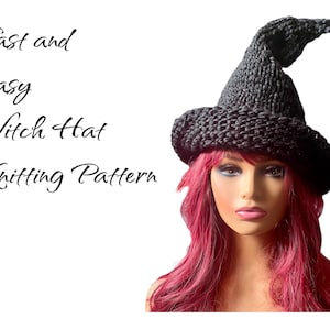 Puede incluir: Un patrón de tejido para un sombrero de bruja. El sombrero es negro y está hecho de hilo. El patrón se llama "Fast and Easy Witch Hat Knitting Pattern".