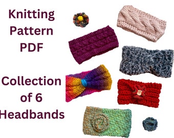 knitting pattern PDDF for 6 colourful headbands - adult size - aran, chunky and super chunky