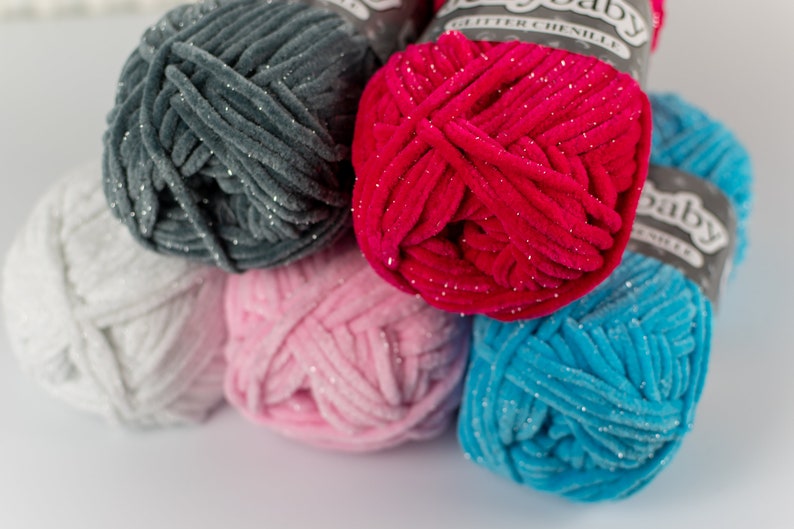 chunky chenille knitting wool with glitter sparkly chunky yarn choose from white, baby pink, grey, blue image 2