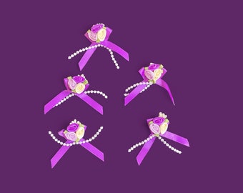 pack of 5 beautiful ribbon rose clusters - pearl flowers - triple rose flower appliqué - violet purple