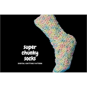 May include: A digital knitting pattern for super chunky socks. The socks are a mix of pink, blue, and yellow yarn.