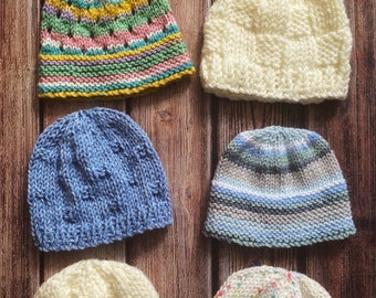 knitting pattern for 6 newborn baby beanie hats - dk, aran and chunky collection