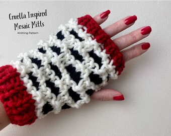 Cruella inspired fingerless mittens knitting pattern - super chunky - easy to knit in mosaic stitch