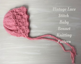vintage lace stitch baby bonnet knitting pattern - first size - newborn to 4 months