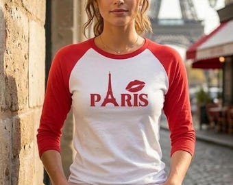 Red Kiss Lip Print Baseball Tee | Minimalist Paris T-shirt