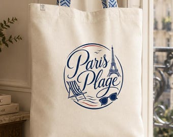 Paris plage tote bag – recycled cotton canvas bag with blue ethnic-style handles