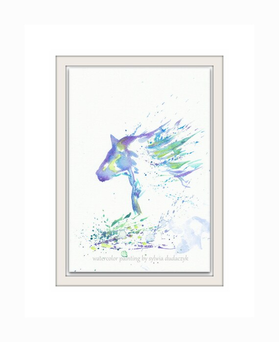 Items similar to Blue Zen Horse Art Watercolor Painting Print 8x11