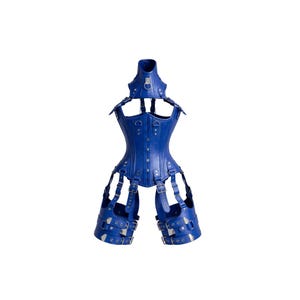 Puede incluir: Un llamativo corsé azul con piezas para las piernas adjuntas. El corsé presenta múltiples correas, hebillas y detalles metálicos. El diseño incluye un cuello alto y está hecho de un material liso, posiblemente similar al cuero. La estética general es audaz y atrevida.