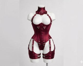 Corsé de satén burdeos hecho a mano, bustier con varillas de acero y cordones, regalo para ella.