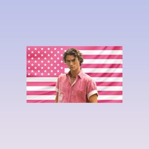 May include: A person wearing a pink short-sleeved shirt with rolled-up sleeves, standing in front of a pink and white American flag. The person is wearing a necklace.