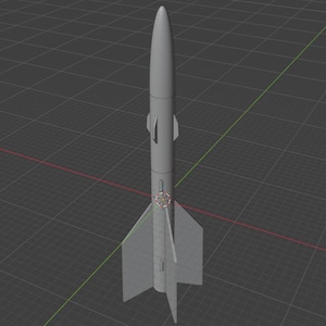 May include: A grey rocket model with a pointed nose and fins at the base. The rocket has a cylindrical body with small protrusions and is set against a grid background.